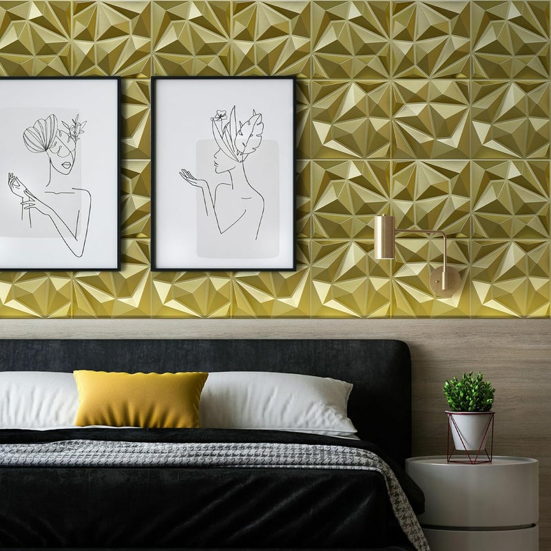 LEVOWAY 33 Pack 3D Modern Diamond Wall Panels for Interior Wall Decor,12''x12'' Champaign Gold Accent Wall Panles for Living Room,TV Wall Background,Bedroom - Image 3